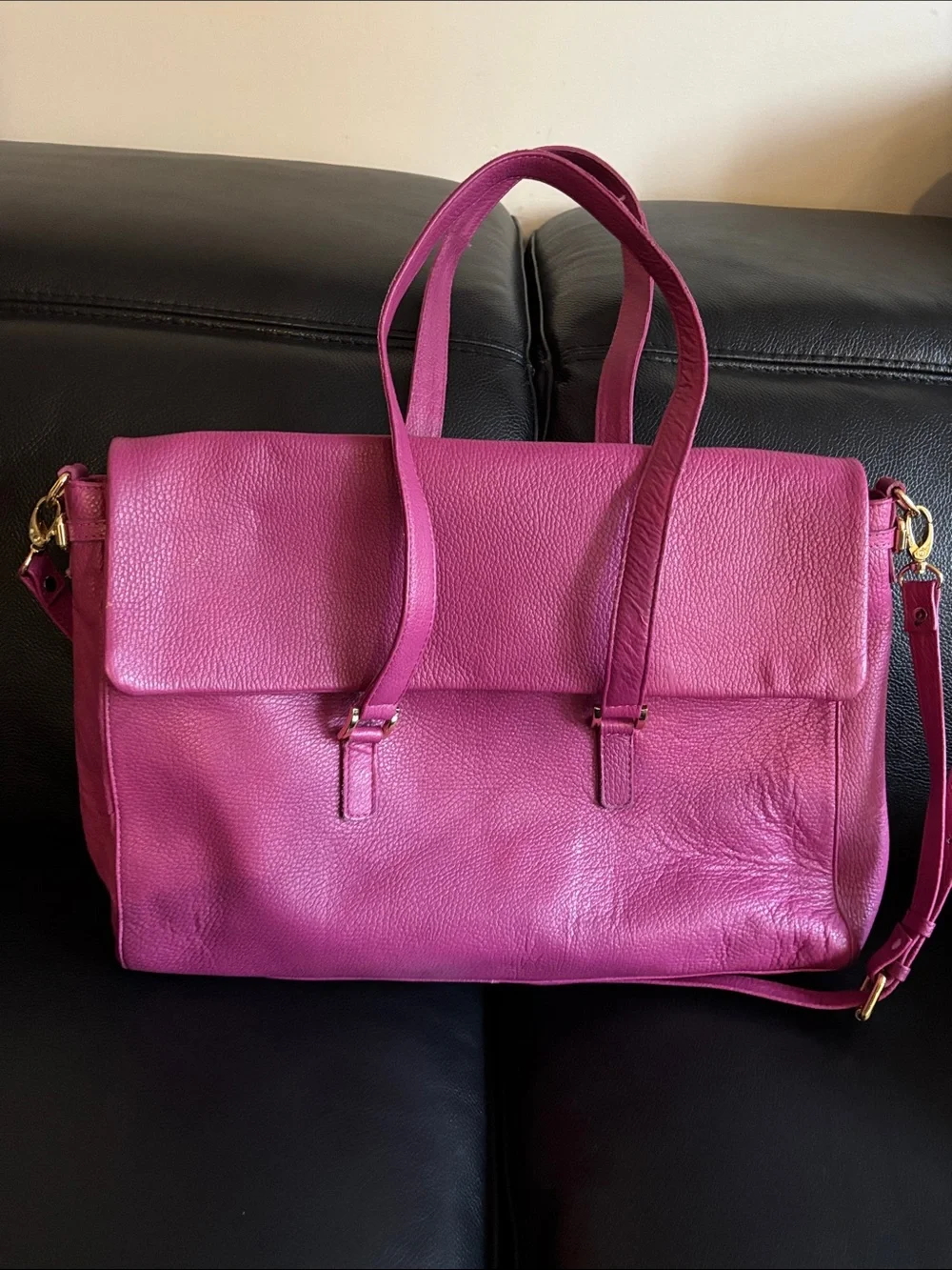Women's Hot Pink Leather Laptop Tote with Removable Strap